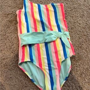 Justice Pink and Yellow One Piece Swimsuit with Scoop Neckline